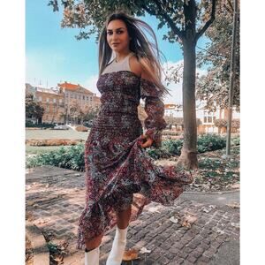 MISA Los Angeles Rashida Dress in Nazirah Floral Puff Sleeve Off Shoulder Small